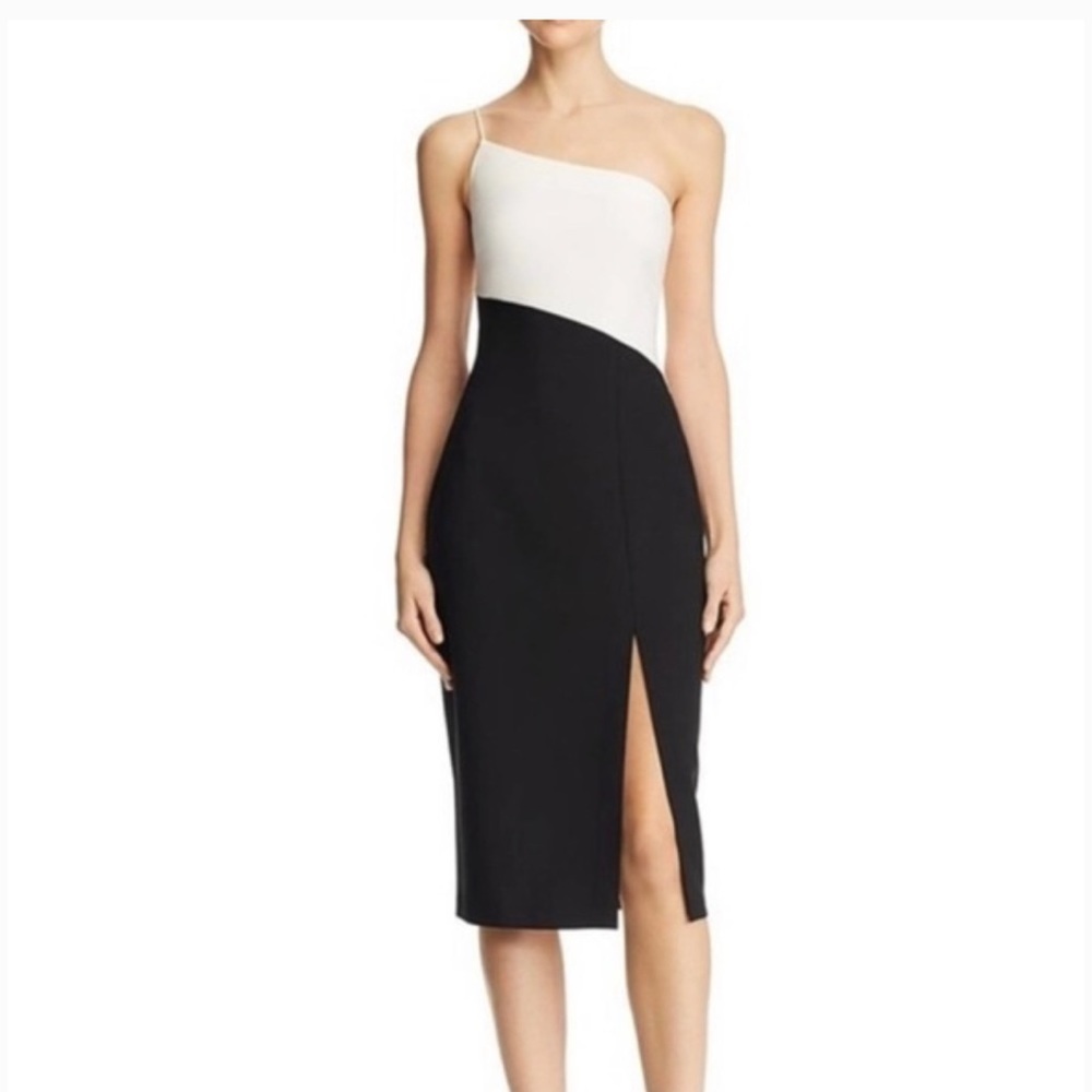 LIKELY Cassidy One Shoulder Sheath Cocktail Dress Colorblock Black White